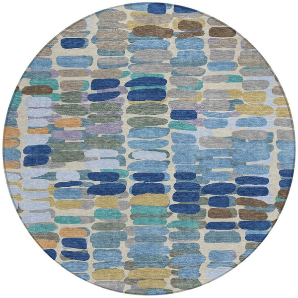 HomeRoots 8' Round Abstract Washable Area Rug in Denim Blue, Wheat & Beige - Durable for Indoor & Outdoor Use 660903