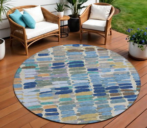 HomeRoots 8' Round Abstract Washable Area Rug in Denim Blue, Wheat & Beige - Durable for Indoor & Outdoor Use 660903