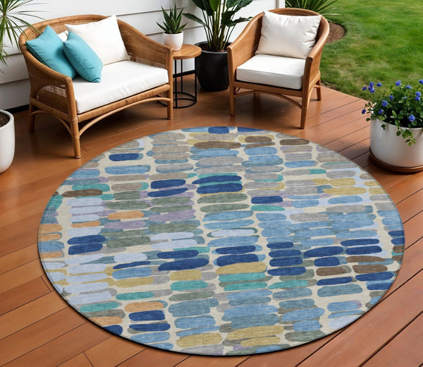 HomeRoots 8' Round Abstract Washable Area Rug in Denim Blue, Wheat & Beige - Durable for Indoor & Outdoor Use 660903