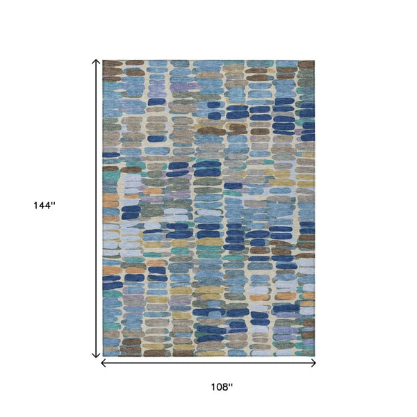 HomeRoots 9' X 12' Denim Blue Abstract Area Rug - Stylish, Washable, Durable for Indoor & Outdoor Spaces 660905