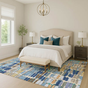 HomeRoots 9' X 12' Denim Blue Abstract Area Rug - Stylish, Washable, Durable for Indoor & Outdoor Spaces 660905