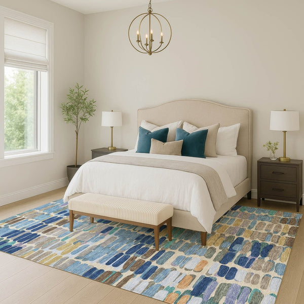 HomeRoots 9' X 12' Denim Blue Abstract Area Rug - Stylish, Washable, Durable for Indoor & Outdoor Spaces 660905