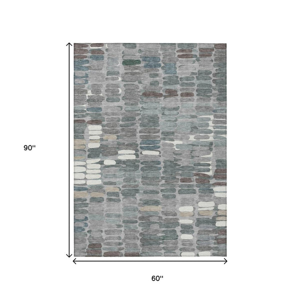 HomeRoots 5' Contemporary Gray Ivory & Pewter Abstract Washable Area Rug for Indoor & Outdoor Spaces 660908