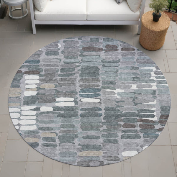 HomeRoots 8' Round Abstract Area Rug in Gray, Ivory, and Pewter – Stylish, Washable, Indoor/Outdoor Versatile Design 660909