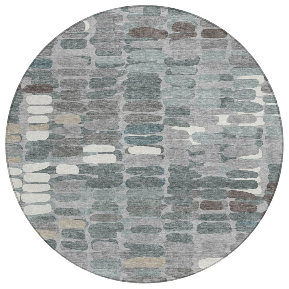 HomeRoots 8' Round Abstract Area Rug in Gray, Ivory, and Pewter – Stylish, Washable, Indoor/Outdoor Versatile Design 660909