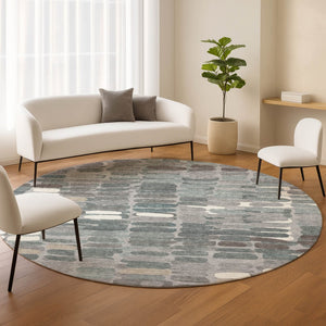 HomeRoots 8' Round Abstract Area Rug in Gray, Ivory, and Pewter – Stylish, Washable, Indoor/Outdoor Versatile Design 660909