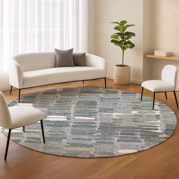 HomeRoots 8' Round Abstract Area Rug in Gray, Ivory, and Pewter – Stylish, Washable, Indoor/Outdoor Versatile Design 660909