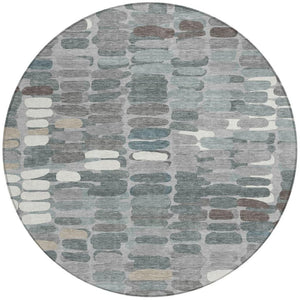 HomeRoots 8' Round Abstract Area Rug in Gray, Ivory, and Pewter – Stylish, Washable, Indoor/Outdoor Versatile Design 660909