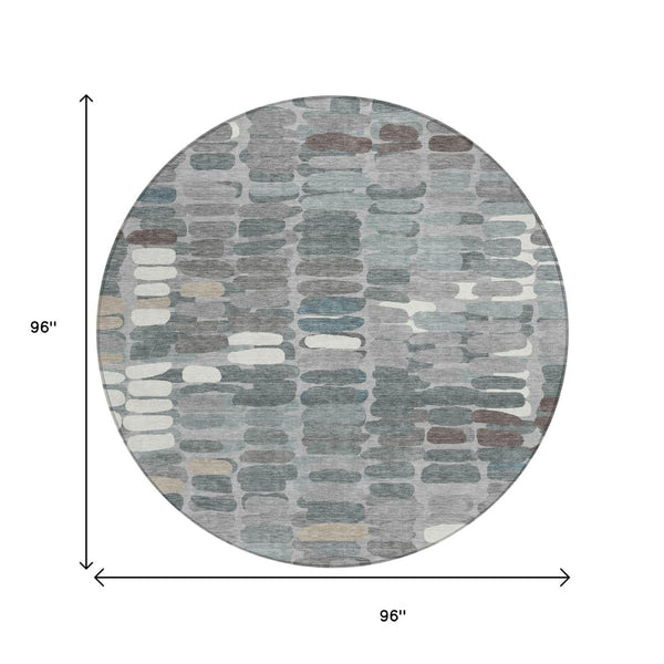 HomeRoots 8' Round Abstract Area Rug in Gray, Ivory, and Pewter – Stylish, Washable, Indoor/Outdoor Versatile Design 660909