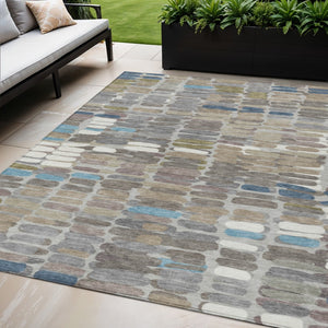 HomeRoots 5' X 8' Washable Indoor/Outdoor Area Rug in Taupe, Ivory & Blue – Durable, Stylish & Easy Care! 660914