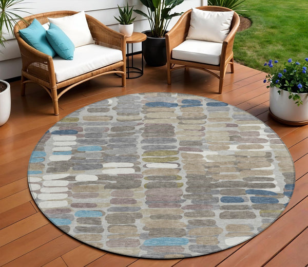 HomeRoots 8' Contemporary Round Abstract Area Rug in Taupe, Ivory & Blue - Washable for Indoor/Outdoor Use 660915