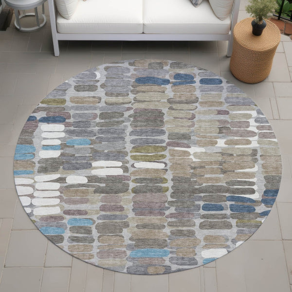 HomeRoots 8' Contemporary Round Abstract Area Rug in Taupe, Ivory & Blue - Washable for Indoor/Outdoor Use 660915