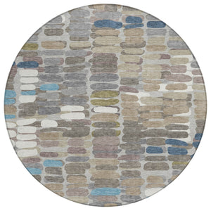 HomeRoots 8' Contemporary Round Abstract Area Rug in Taupe, Ivory & Blue - Washable for Indoor/Outdoor Use 660915