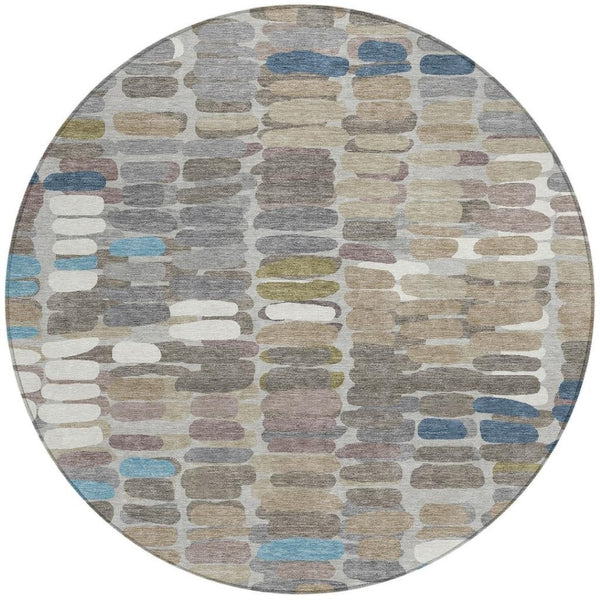 HomeRoots 8' Contemporary Round Abstract Area Rug in Taupe, Ivory & Blue - Washable for Indoor/Outdoor Use 660915
