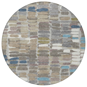 HomeRoots 8' Contemporary Round Abstract Area Rug in Taupe, Ivory & Blue - Washable for Indoor/Outdoor Use 660915