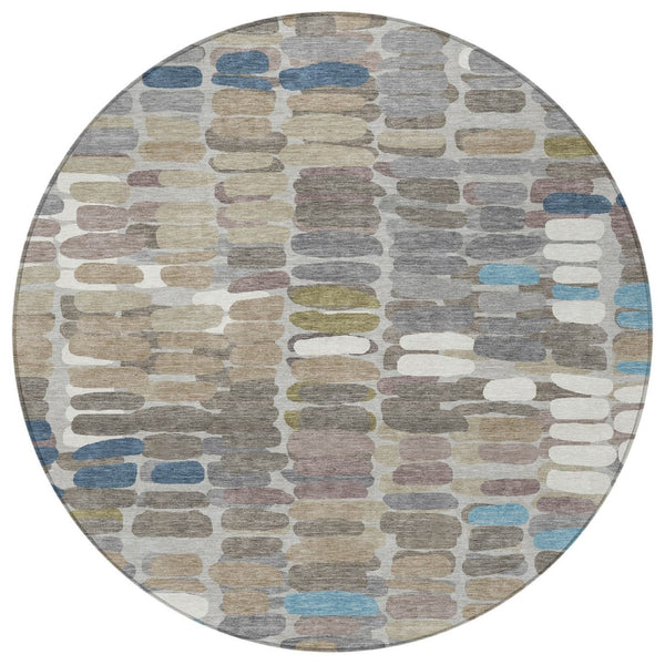 HomeRoots 8' Contemporary Round Abstract Area Rug in Taupe, Ivory & Blue - Washable for Indoor/Outdoor Use 660915