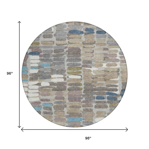 HomeRoots 8' Contemporary Round Abstract Area Rug in Taupe, Ivory & Blue - Washable for Indoor/Outdoor Use 660915