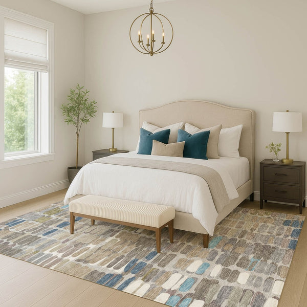 HomeRoots 8' X 10' Stylish Abstract Indoor Outdoor Area Rug in Taupe, Ivory & Blue - Durable & Washable Design 660916