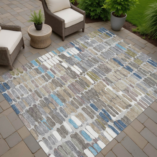 HomeRoots 9' X 12' Stylish Taupe Ivory Blue Abstract Washable Area Rug for Indoor Outdoor High-Traffic Use 660917