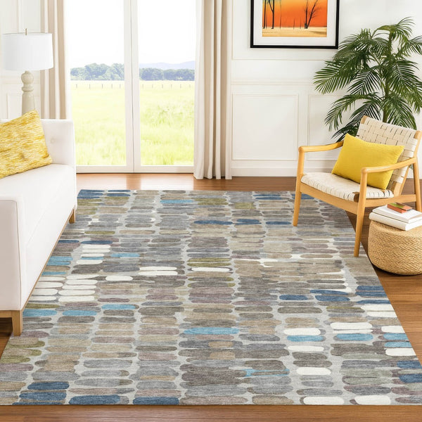 HomeRoots 9' X 12' Stylish Taupe Ivory Blue Abstract Washable Area Rug for Indoor Outdoor High-Traffic Use 660917