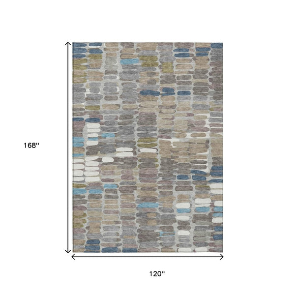HomeRoots 10' X 14' Abstract Washable Area Rug in Taupe, Ivory & Blue - Stylish, Durable & Versatile Décor Piece 660918