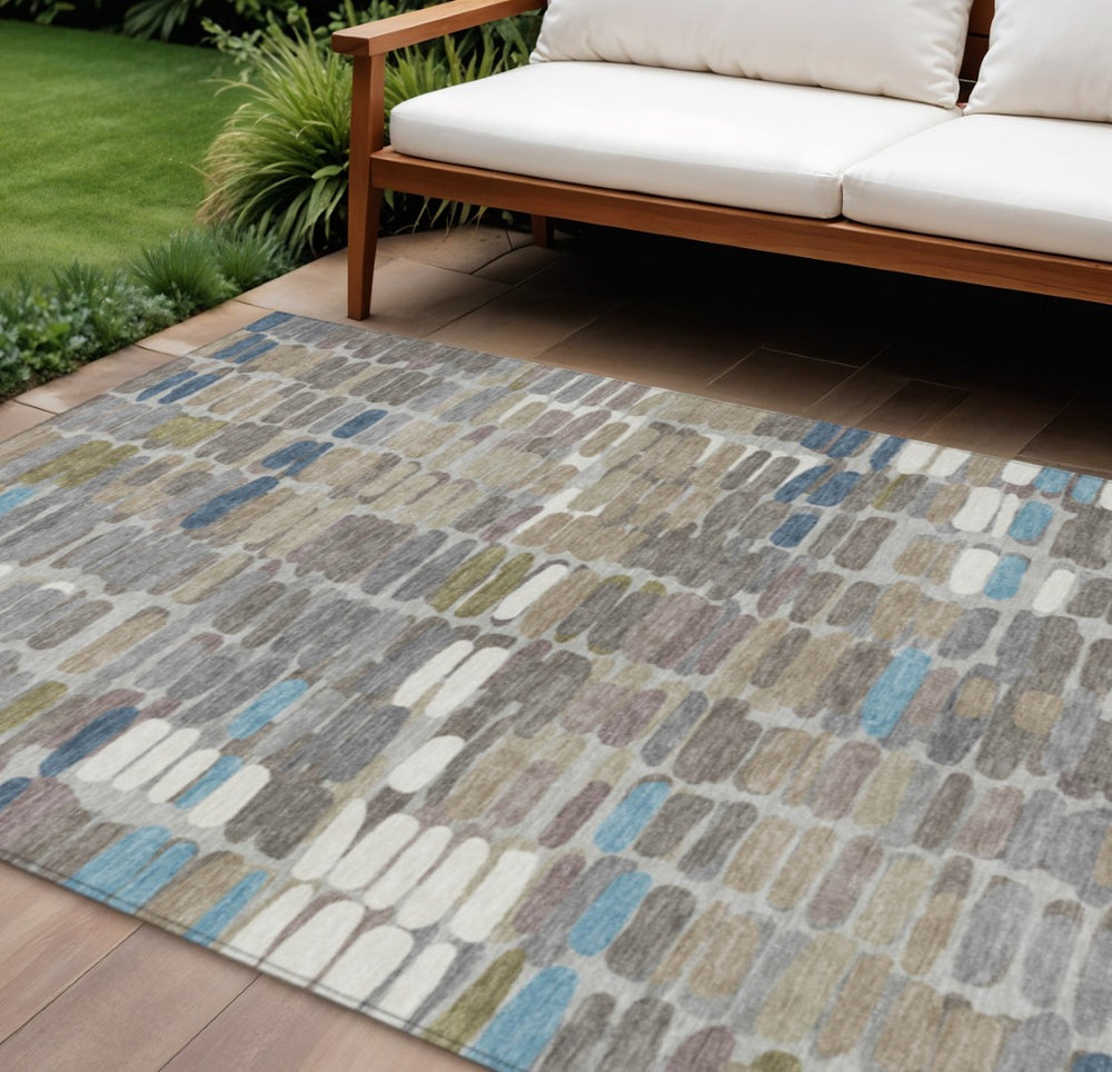 HomeRoots 10' X 14' Abstract Washable Area Rug in Taupe, Ivory & Blue - Stylish, Durable & Versatile Décor Piece 660918
