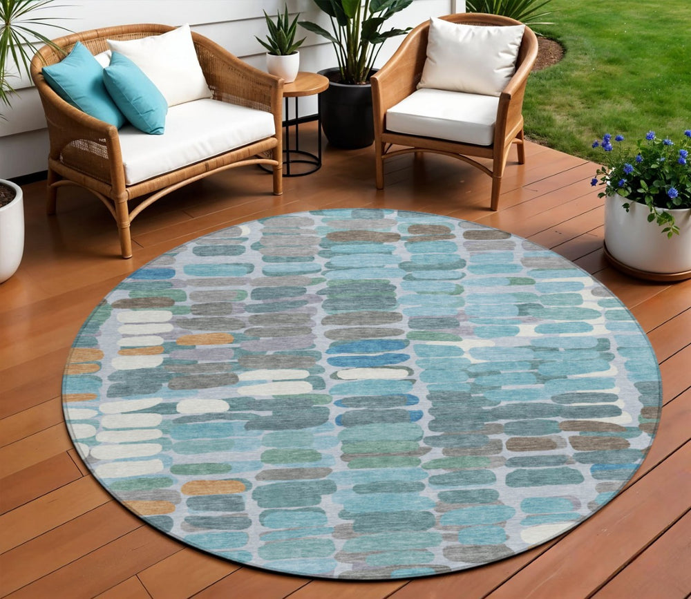 HomeRoots 8' Teal Blue Abstract Round Indoor Outdoor Area Rug - Washable, Durable, Stylish for High-Traffic Areas 660921
