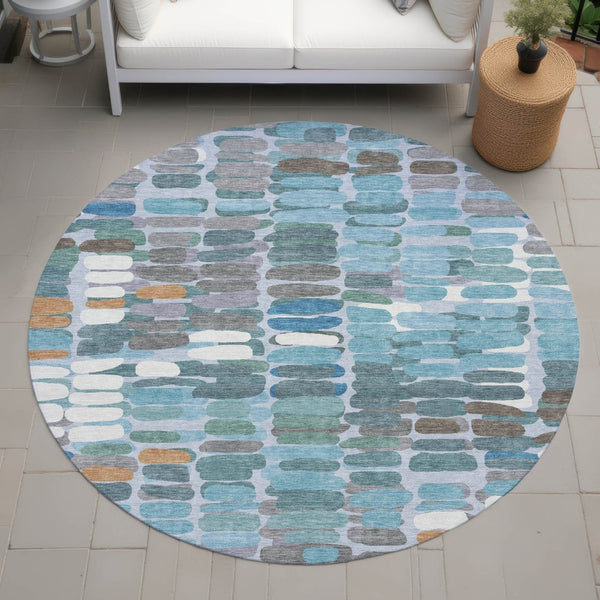HomeRoots 8' Teal Blue Abstract Round Indoor Outdoor Area Rug - Washable, Durable, Stylish for High-Traffic Areas 660921