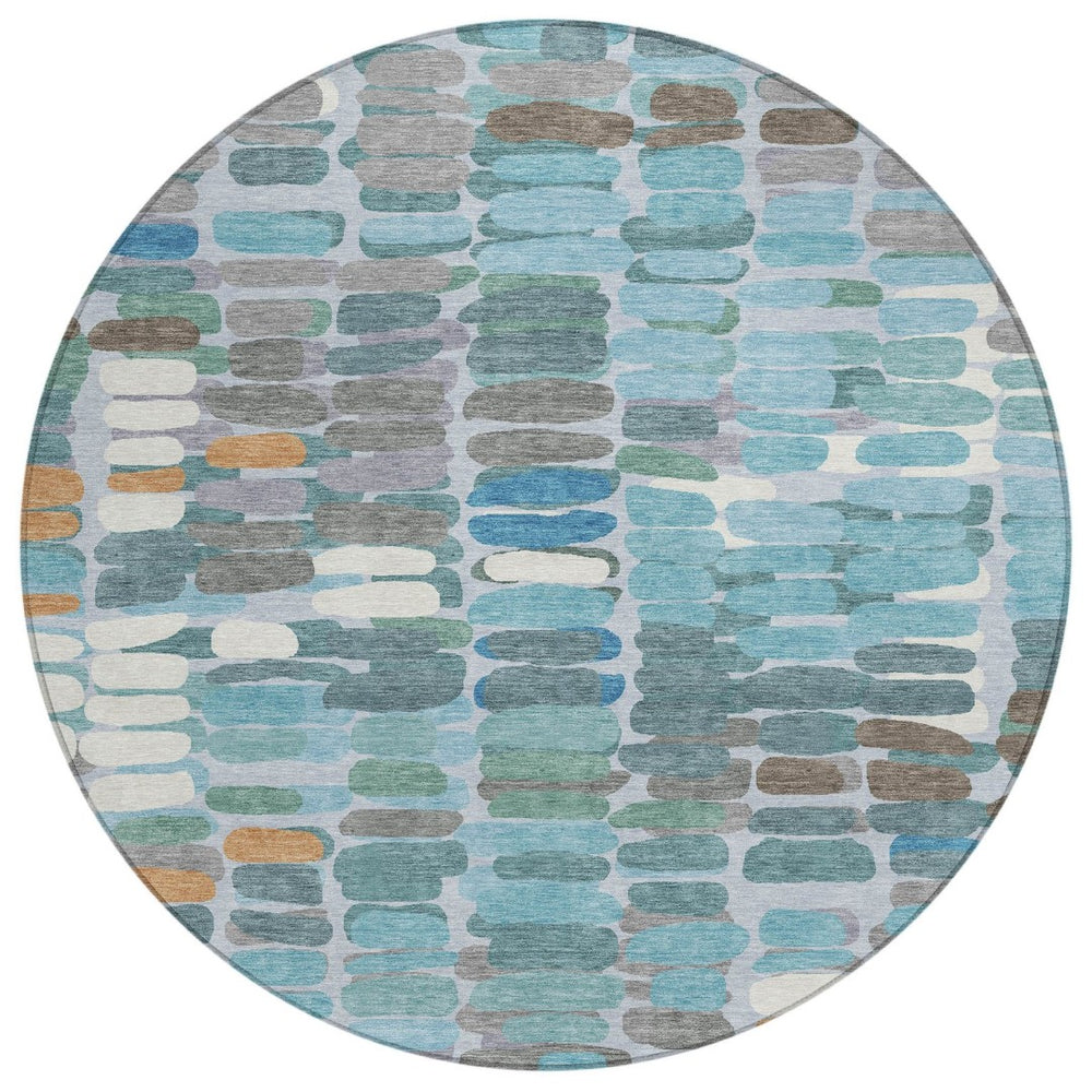 HomeRoots 8' Teal Blue Abstract Round Indoor Outdoor Area Rug - Washable, Durable, Stylish for High-Traffic Areas 660921