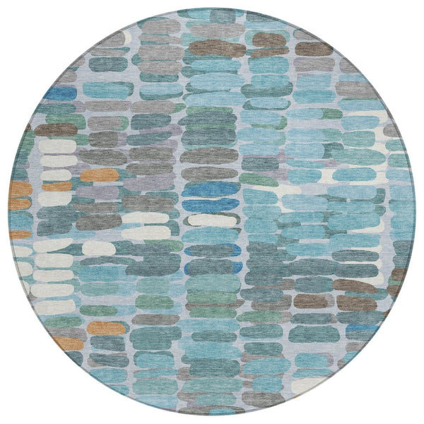 HomeRoots 8' Teal Blue Abstract Round Indoor Outdoor Area Rug - Washable, Durable, Stylish for High-Traffic Areas 660921