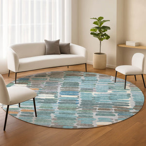 HomeRoots 8' Teal Blue Abstract Round Indoor Outdoor Area Rug - Washable, Durable, Stylish for High-Traffic Areas 660921