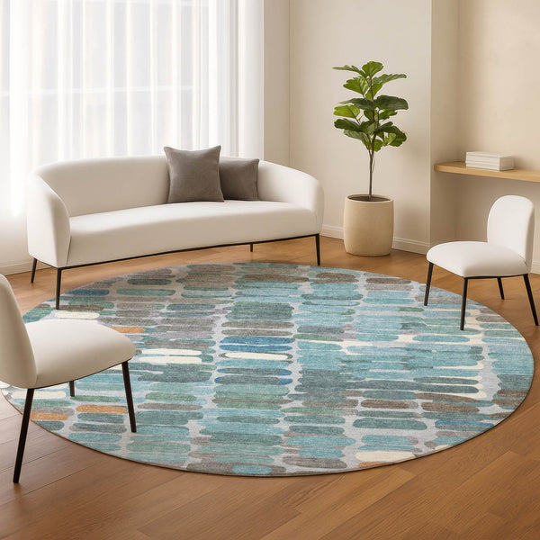 HomeRoots 8' Teal Blue Abstract Round Indoor Outdoor Area Rug - Washable, Durable, Stylish for High-Traffic Areas 660921
