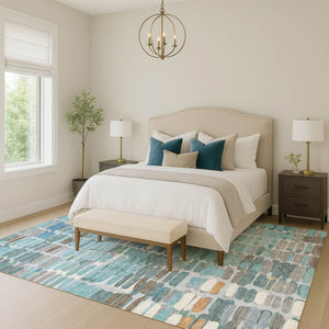 HomeRoots 8' X 10' Modern Teal Blue Copper Ivory Abstract Washable Area Rug for Indoor & Outdoor Spaces 660922