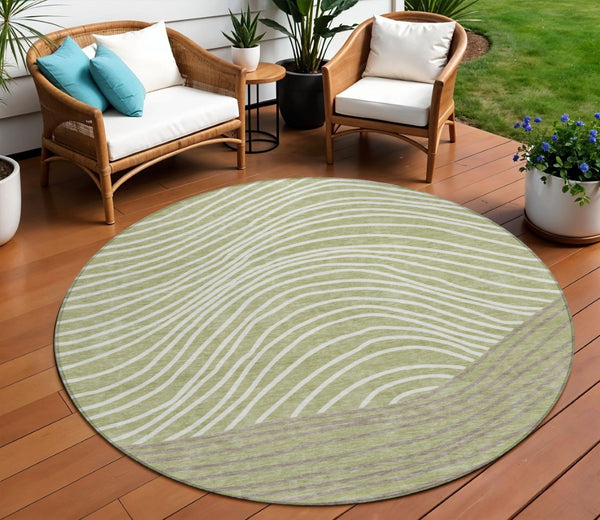 HomeRoots 8' Artichoke Green & Ivory Round Striped Rug - Durable, Washable, Stylish for Indoor & Outdoor Use 660927