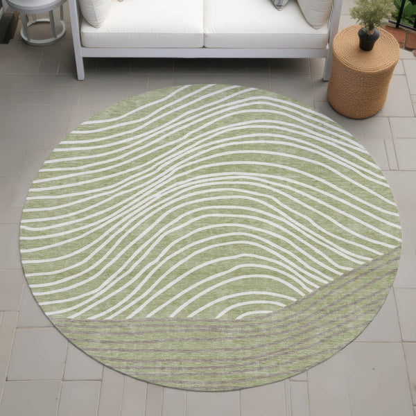 HomeRoots 8' Artichoke Green & Ivory Round Striped Rug - Durable, Washable, Stylish for Indoor & Outdoor Use 660927