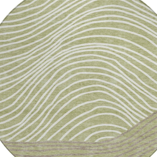 HomeRoots 8' Artichoke Green & Ivory Round Striped Rug - Durable, Washable, Stylish for Indoor & Outdoor Use 660927