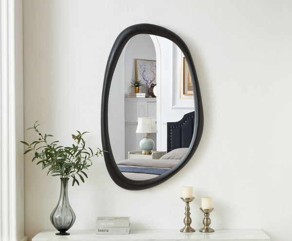Meridian Furniture Holland Asymmetrical Polyresin Wall or Floor Mirror Art Deco Sculptural Accent for Any Room Black 27.5" W x 2" D x 45" H 66092Black-M