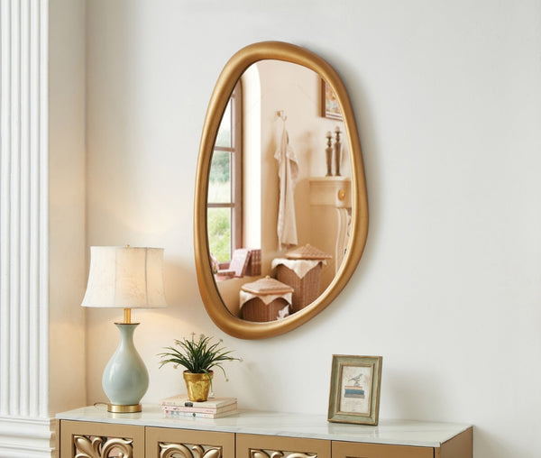 Meridian Furniture Holland Asymmetrical Polyresin Wall or Floor Mirror Art Deco Sculptural Accent for Any Room Brass 27.5" W x 2" D x 45" H 66092Brass-M