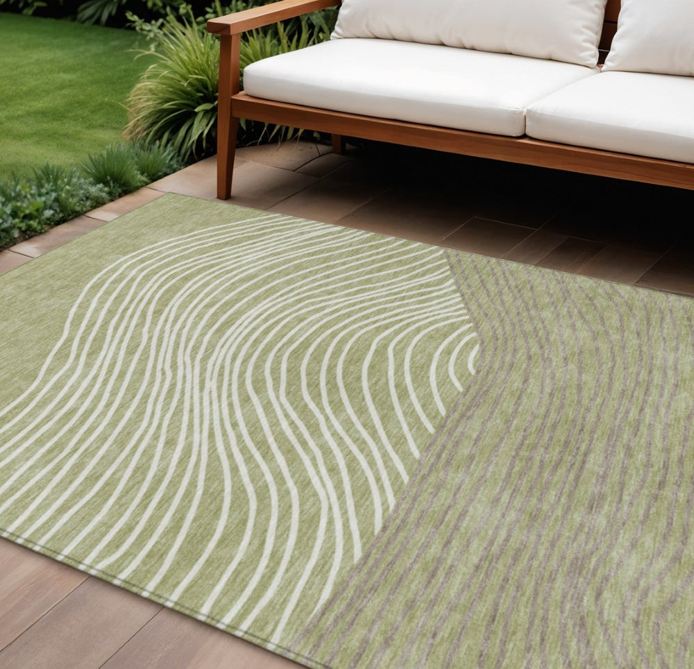 HomeRoots 10' Stylish Artichoke Green and Ivory Striped Washable Area Rug for Indoor & Outdoor Spaces 660930