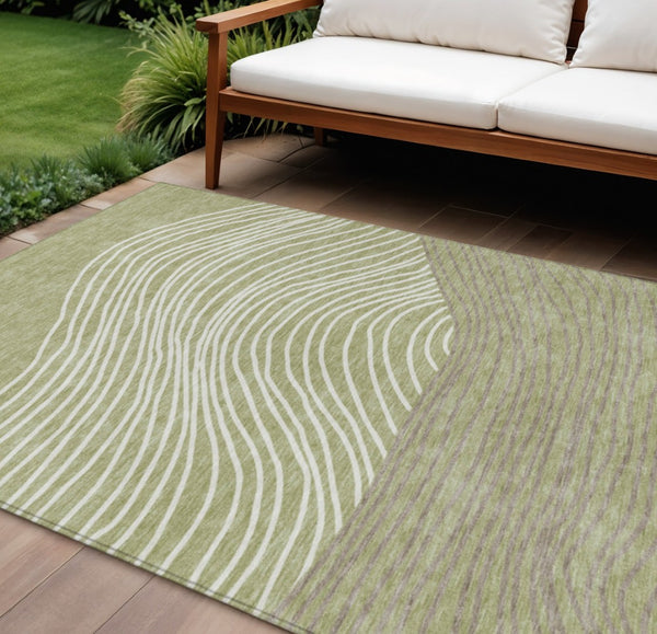 HomeRoots 10' Stylish Artichoke Green and Ivory Striped Washable Area Rug for Indoor & Outdoor Spaces 660930