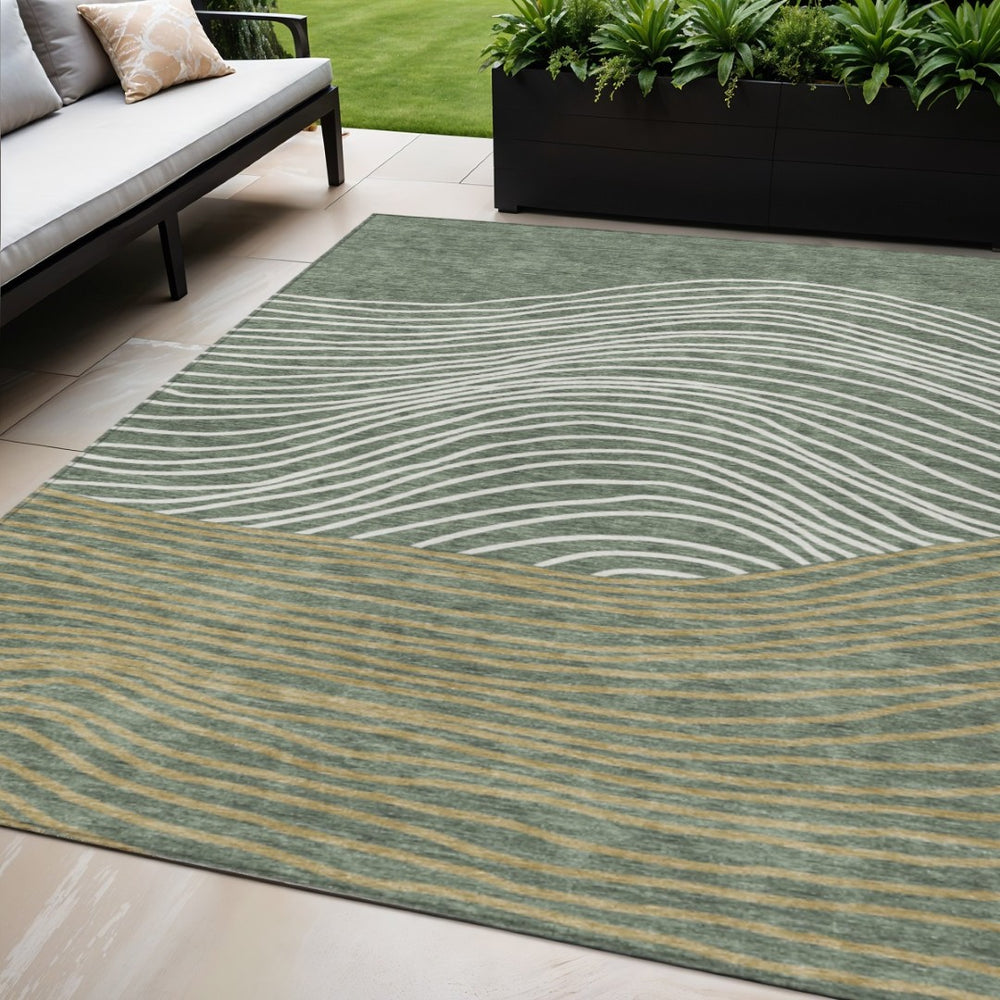 HomeRoots 5' X 8' Fern Green Ivory Gold Striped Area Rug - Durable, Washable, Stylish for Indoor & Outdoor Use 660932