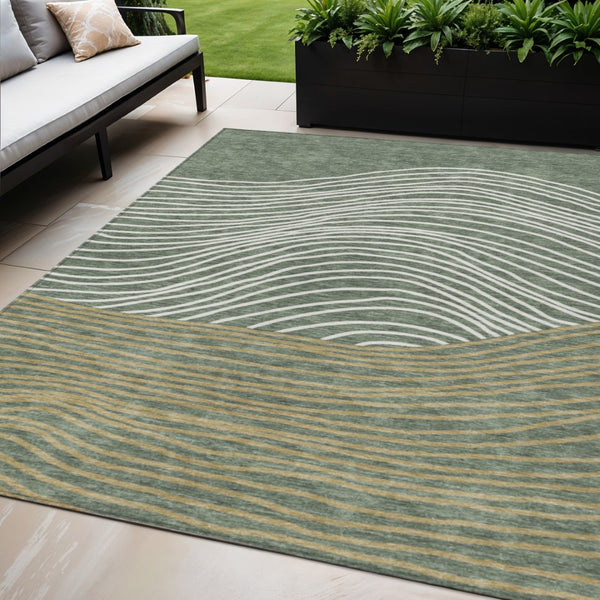 HomeRoots 5' X 8' Fern Green Ivory Gold Striped Area Rug - Durable, Washable, Stylish for Indoor & Outdoor Use 660932
