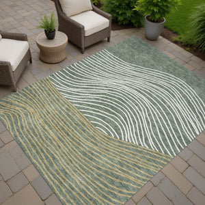 HomeRoots 5' X 8' Fern Green Ivory Gold Striped Area Rug - Durable, Washable, Stylish for Indoor & Outdoor Use 660932