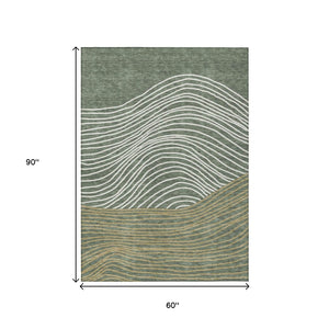 HomeRoots 5' X 8' Fern Green Ivory Gold Striped Area Rug - Durable, Washable, Stylish for Indoor & Outdoor Use 660932