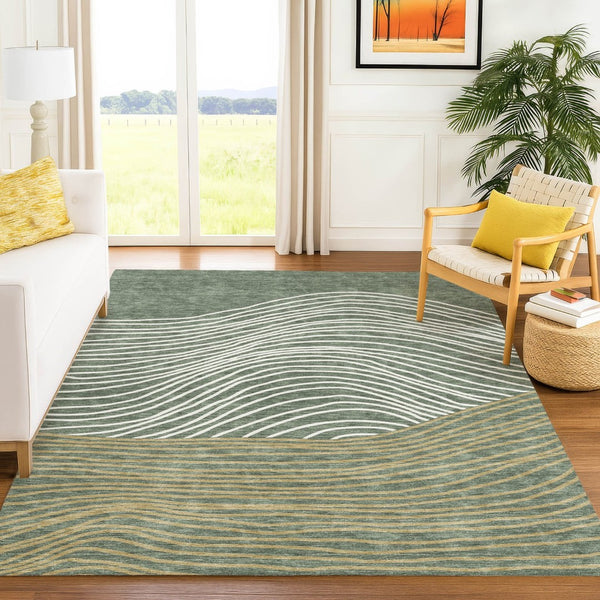HomeRoots 5' X 8' Fern Green Ivory Gold Striped Area Rug - Durable, Washable, Stylish for Indoor & Outdoor Use 660932