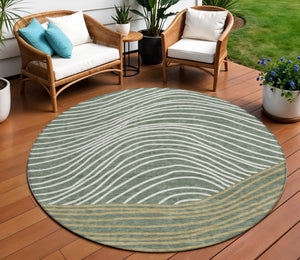 HomeRoots 8' Stylish Fern Green, Ivory & Gold Round Striped Washable Area Rug for Indoor & Outdoor Use 660933