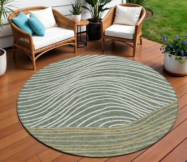 HomeRoots 8' Stylish Fern Green, Ivory & Gold Round Striped Washable Area Rug for Indoor & Outdoor Use 660933