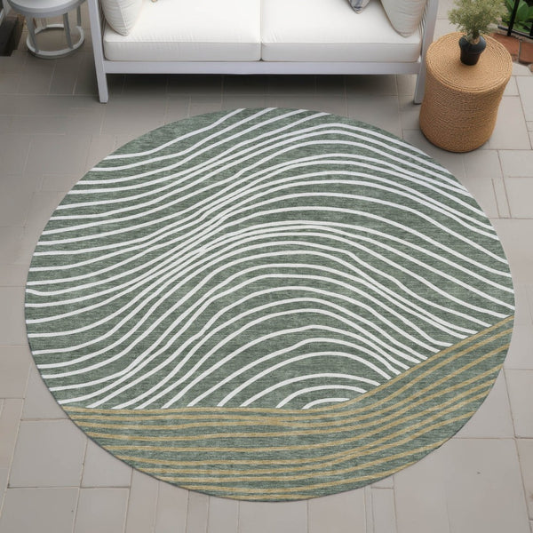 HomeRoots 8' Stylish Fern Green, Ivory & Gold Round Striped Washable Area Rug for Indoor & Outdoor Use 660933