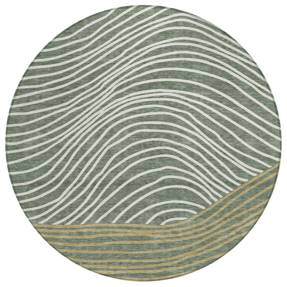 HomeRoots 8' Stylish Fern Green, Ivory & Gold Round Striped Washable Area Rug for Indoor & Outdoor Use 660933