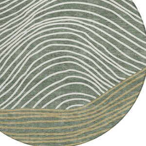HomeRoots 8' Stylish Fern Green, Ivory & Gold Round Striped Washable Area Rug for Indoor & Outdoor Use 660933